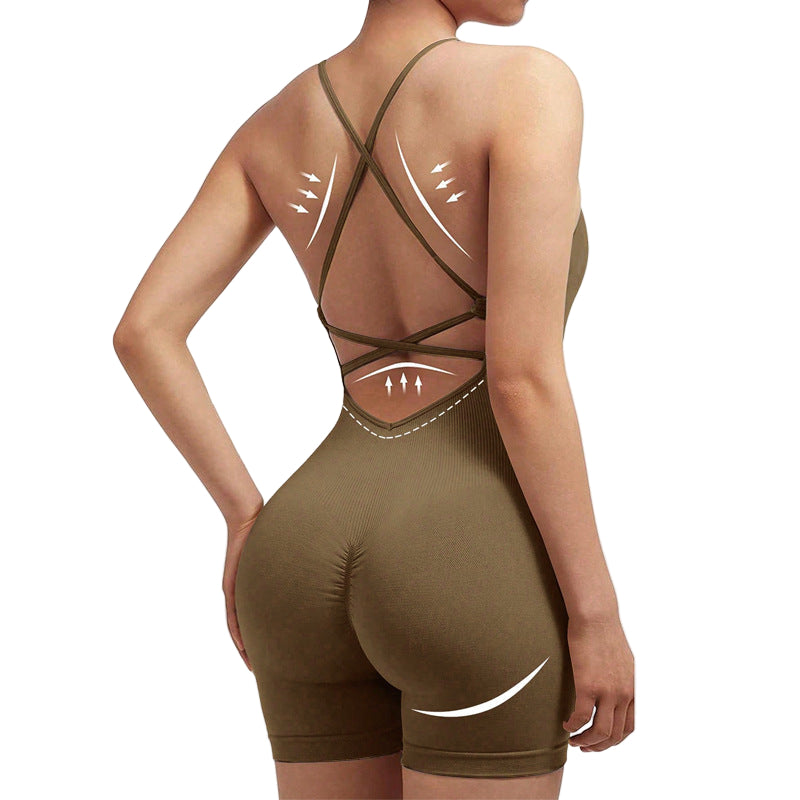 Brown bodysuit with open back design on a white background