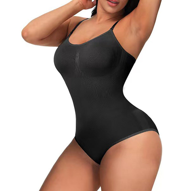 Black bodysuit worn by a model on a white background