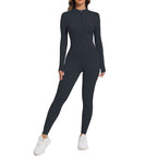 Person wearing a black jumpsuit on a white background