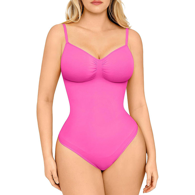 Pink bodysuit worn by a model on a white background