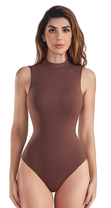 Woman wearing a brown bodysuit with color selection options displayed.