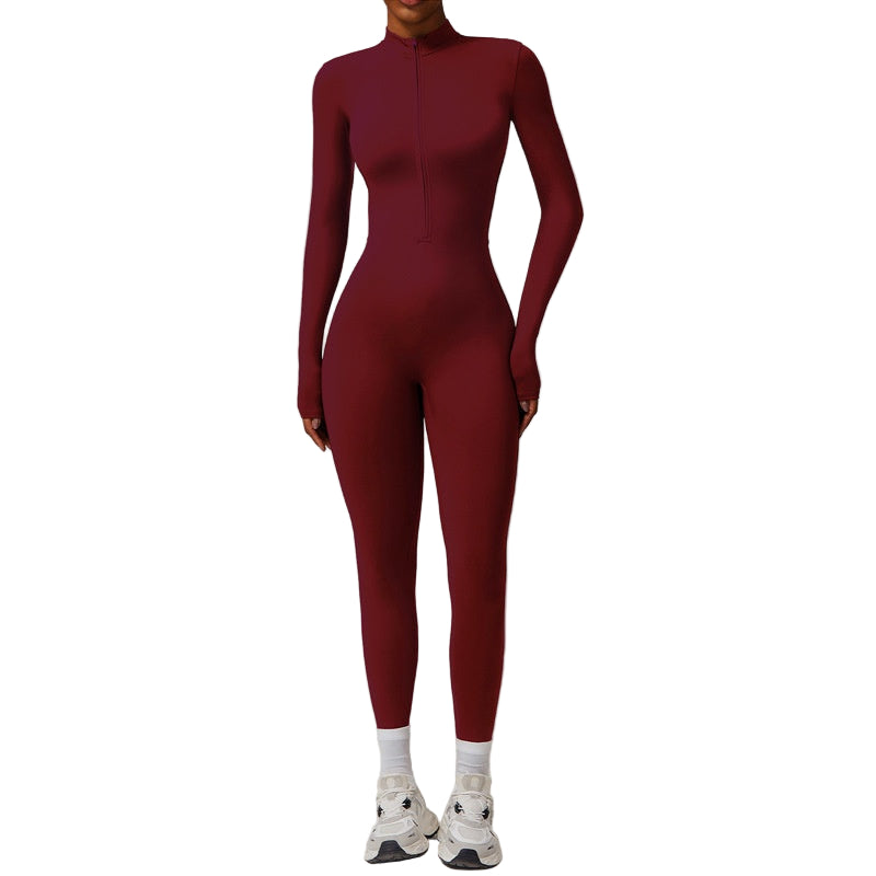 Maroon bodysuit worn by a person on a plain background
