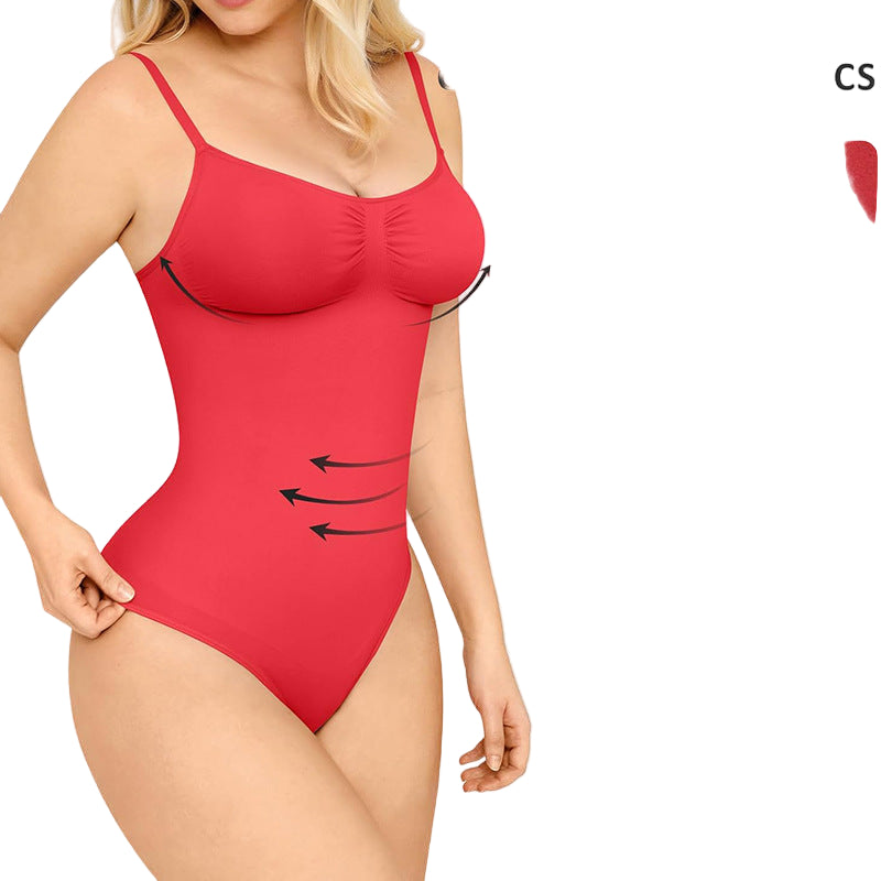 Red bodysuit worn by a model with fabric texture close-up and text about comfort.