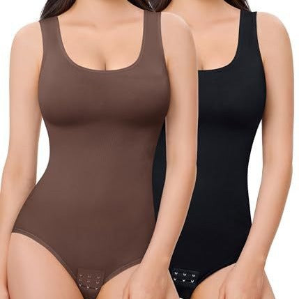 Two women wearing brown and black bodysuits on a white background
