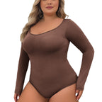 Brown bodysuit worn by a model on a white background