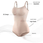 Beige bodysuit with labeled features on a white background