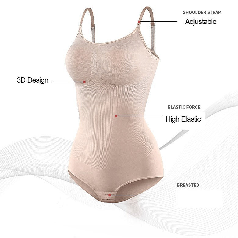 Beige bodysuit with labeled features on a white background