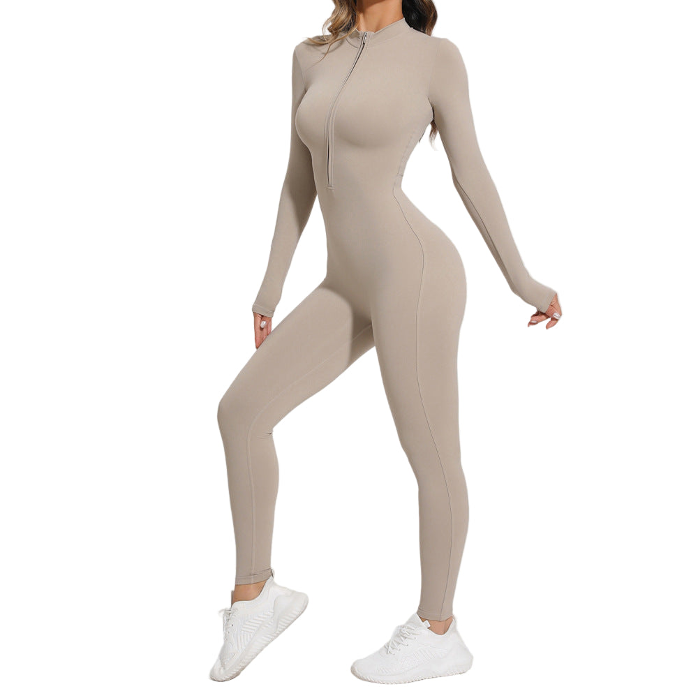 Beige bodysuit worn by a model on a white background