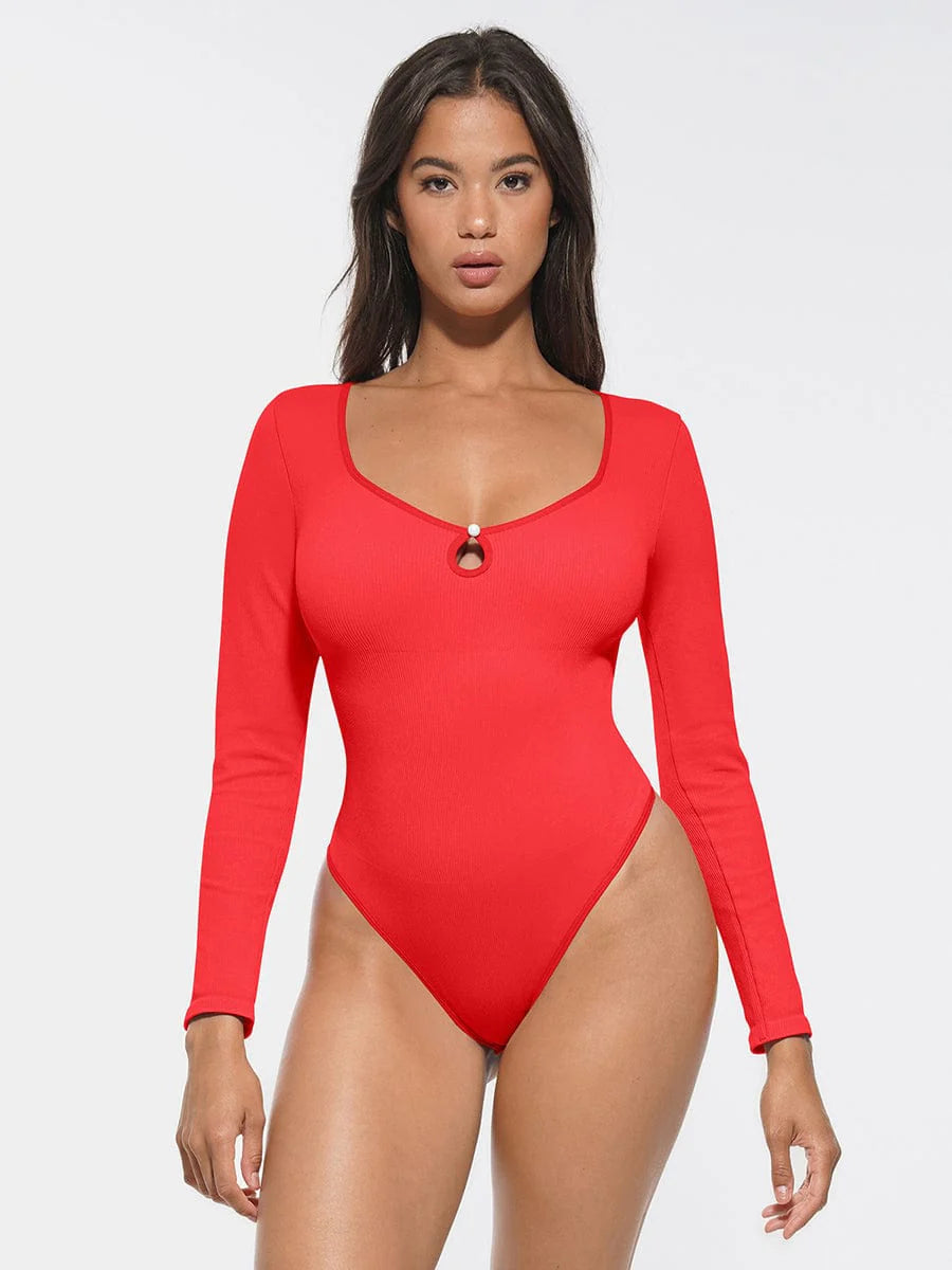 Red swimsuit worn by a model on a white background
