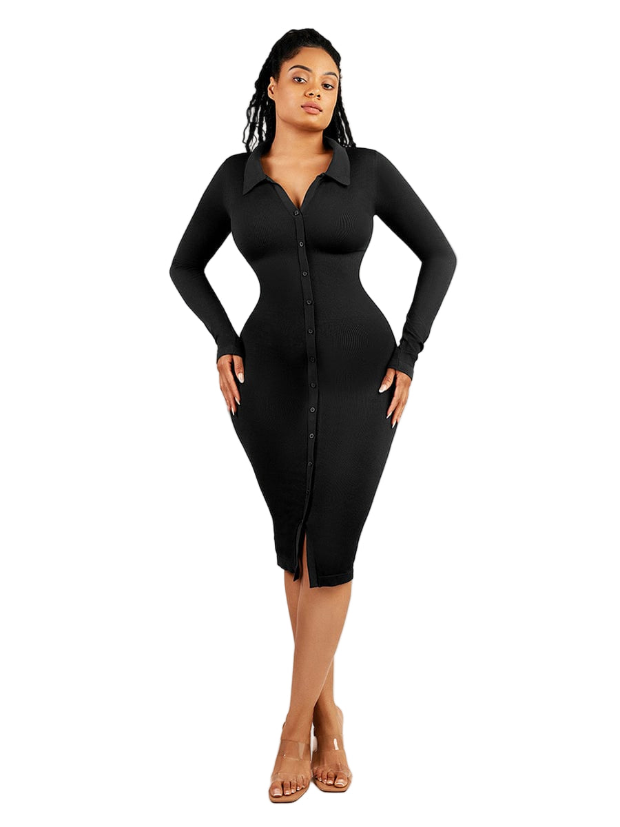 Seamless Waist Trimming Long Sleeve Shirt Dress