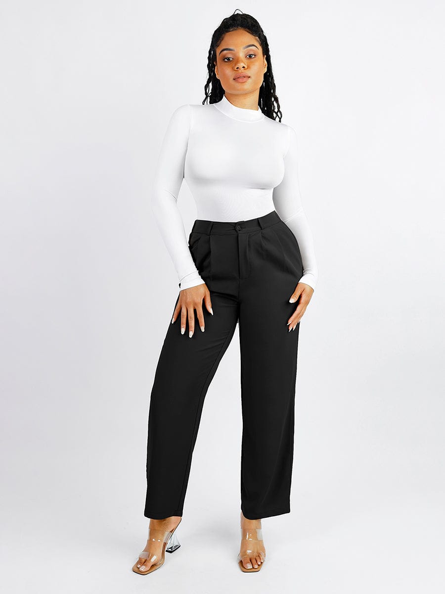 Woman wearing a white top and black high-waisted pants on a white background