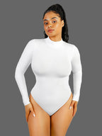 Woman wearing a white long-sleeve bodysuit on a light gray background with 'Global Recycled Standard' logo.