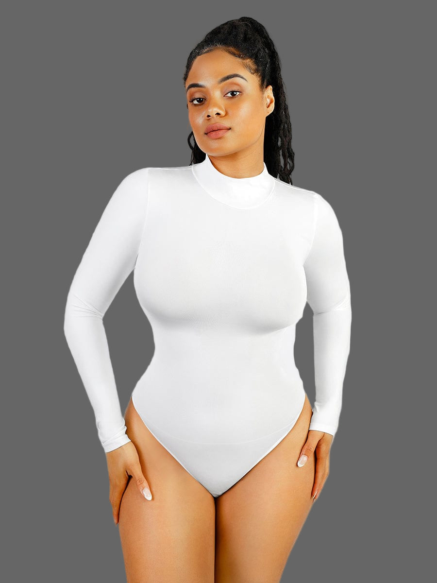 Woman wearing a white long-sleeve bodysuit on a light gray background with 'Global Recycled Standard' logo.