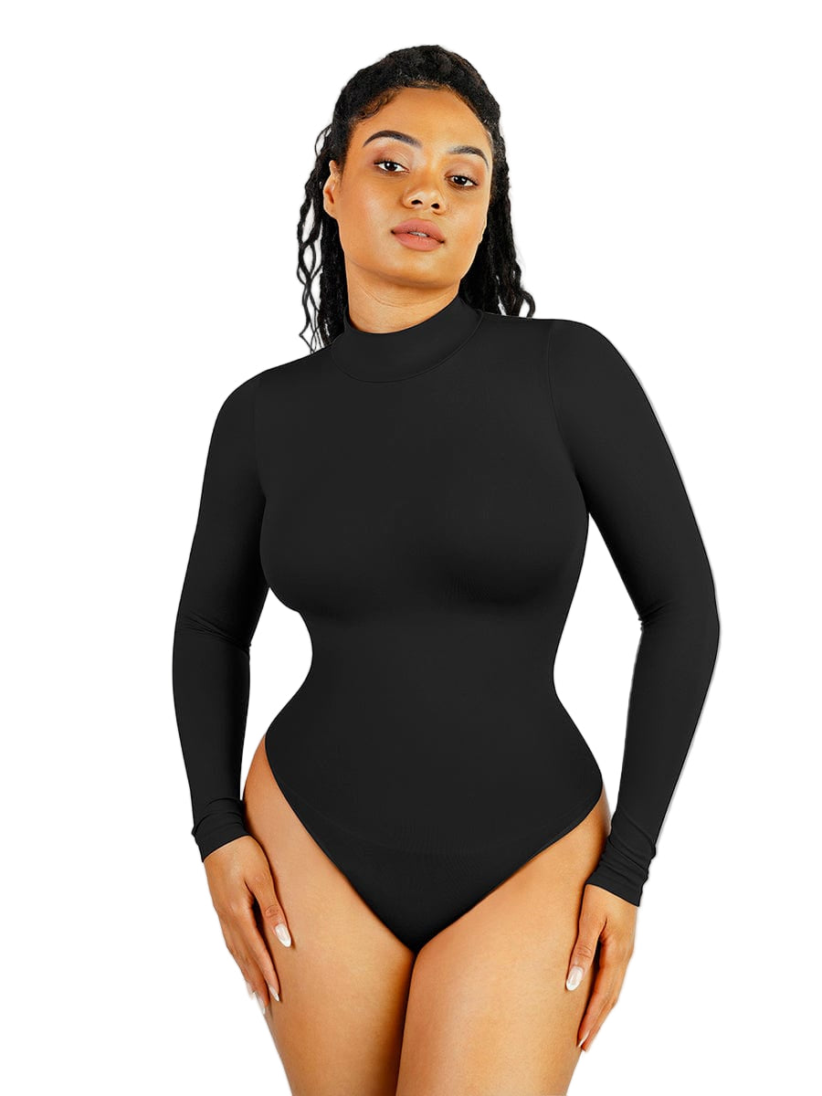 Woman wearing a black long-sleeve bodysuit with 'Global Recycled Standard' logo.