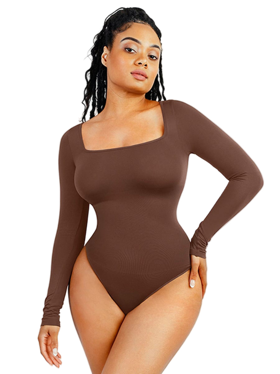 Woman wearing a brown bodysuit with 'Global Recycled Standard' logo.