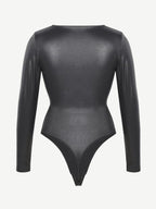 Wholesale High Elastic Faux Leather Deep V-neck Abdomen Tightening Bodysuit
