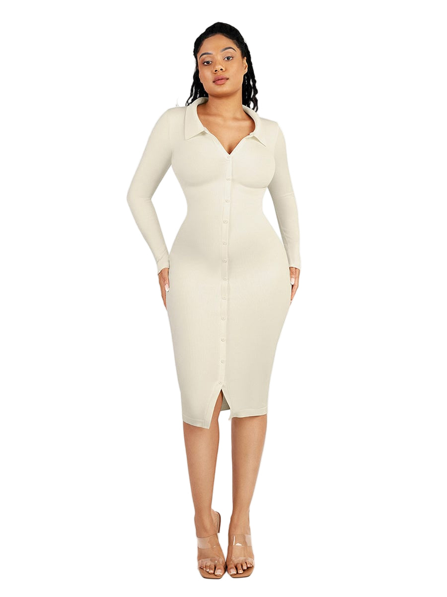 Seamless Waist Trimming Long Sleeve Shirt Dress