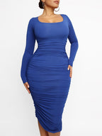 Blue Long-sleeve Square-neck Bodycon Dress with Bulit-in Shapewear